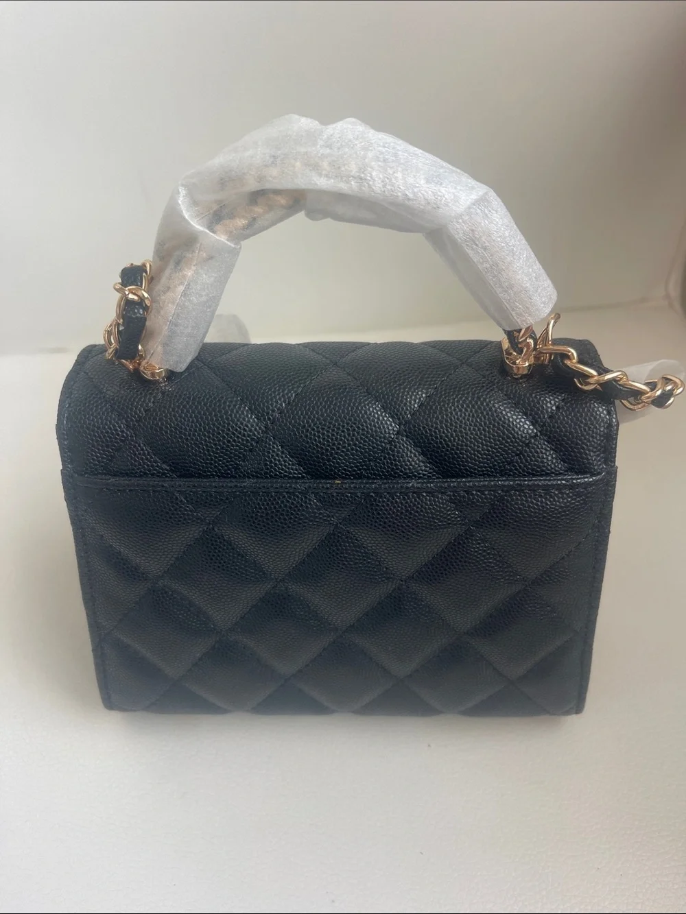 CHANEL 23 P Black Quilted Mini Top-Handle Bag with Gold Chain Hardware